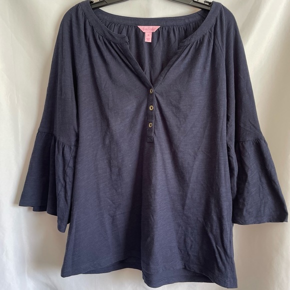 Lilly Pulitzer Women’s V Neck 3/4 Long Sleeve Blouse Navy Medium - Picture 2 of 7